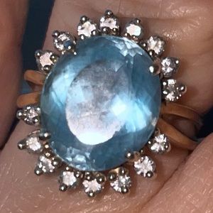 Vintage Estate 14k Gold Oval Blue Topaz Diamond Halo Ring Fine/High End Jewelry